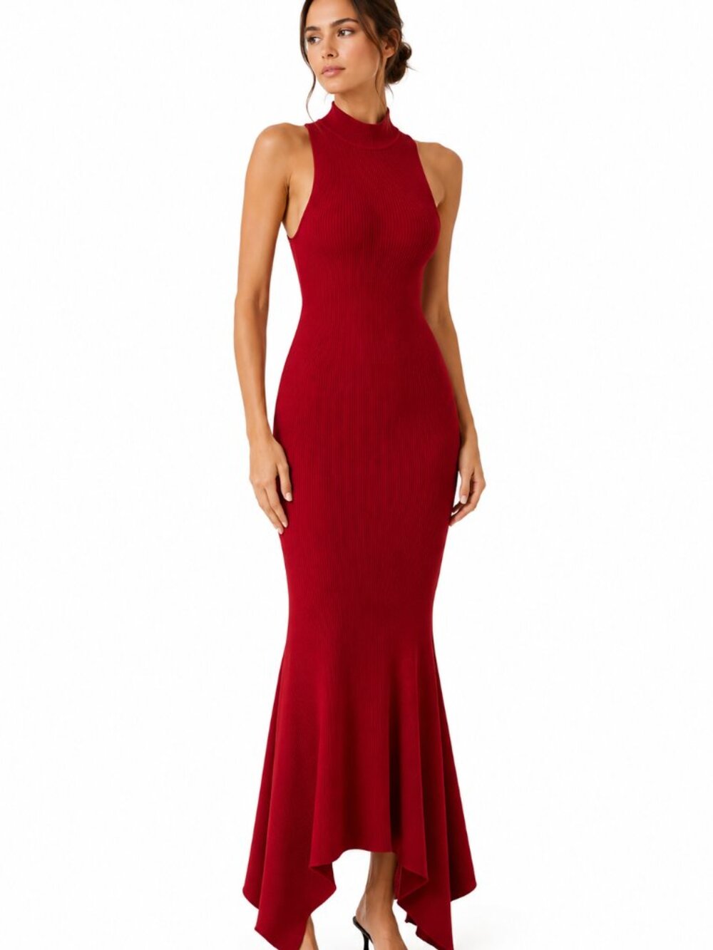 NWT HOUSE OF HARLOW 1960 RED RIBBED KNIT OPEN BACK MERMAID FORMAL DRESS